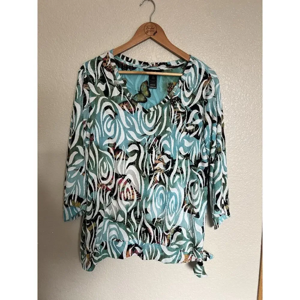 Ali Miles Abstract Butterfly Knit Top Large Swirls 3/4 Flare Sleeves